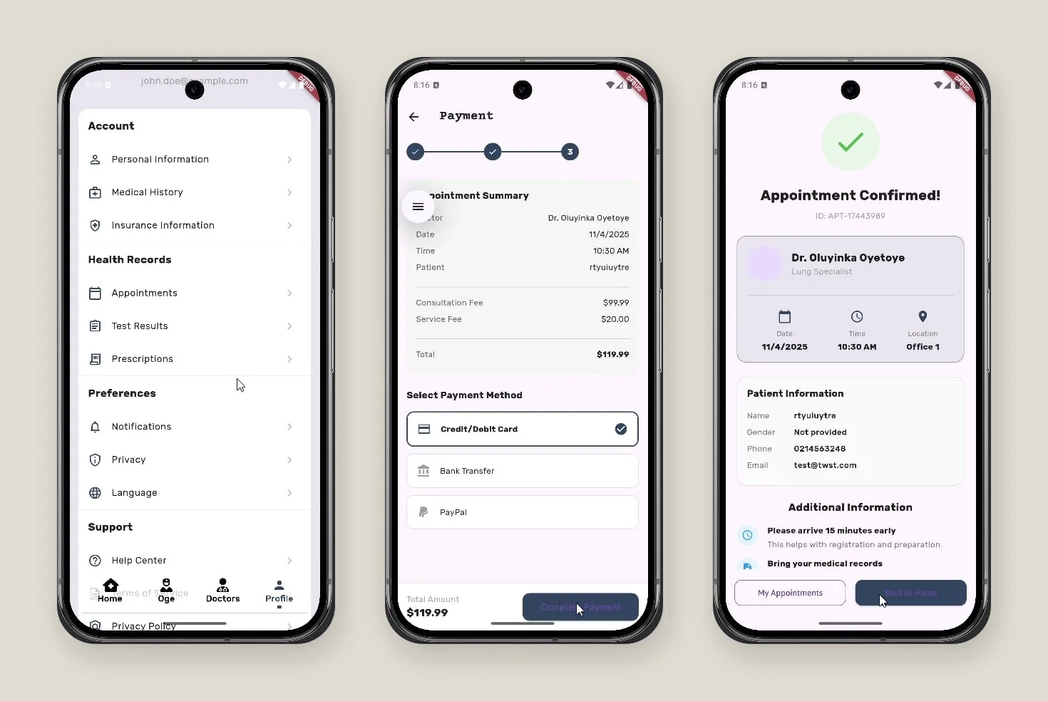 NurseOge account menu, payment summary for a consultation, and the appointment confirmation.
