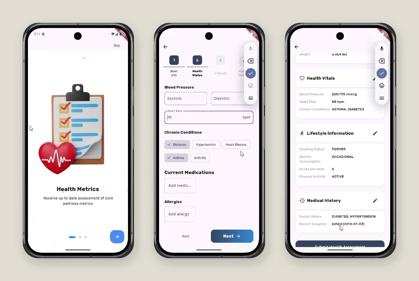 NurseOge onboarding, the health status form for blood pressure and chronic conditions, and the completed health profile.