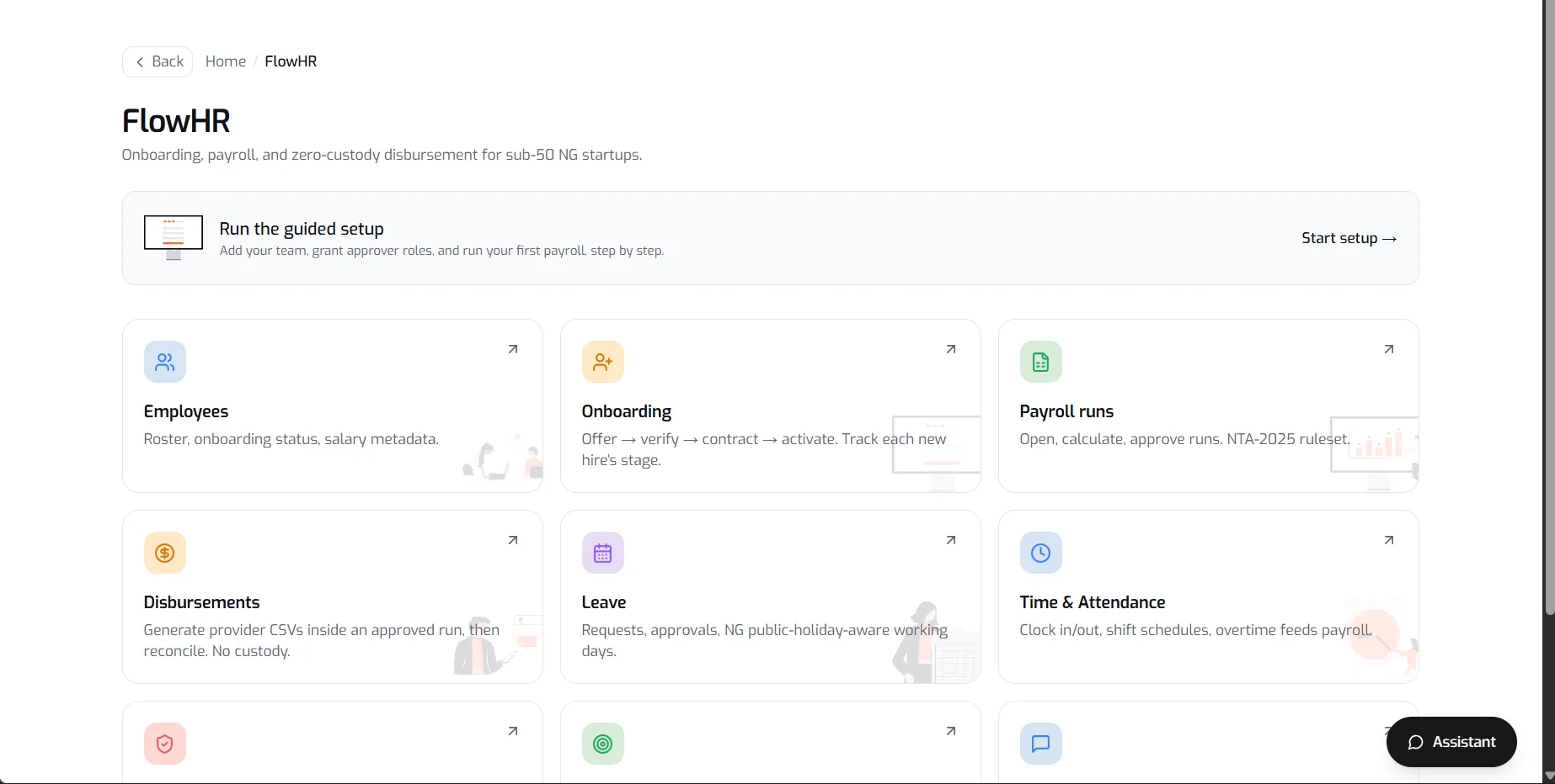 FlowHR home with guided setup, employees, onboarding, payroll runs, disbursements, leave and attendance.